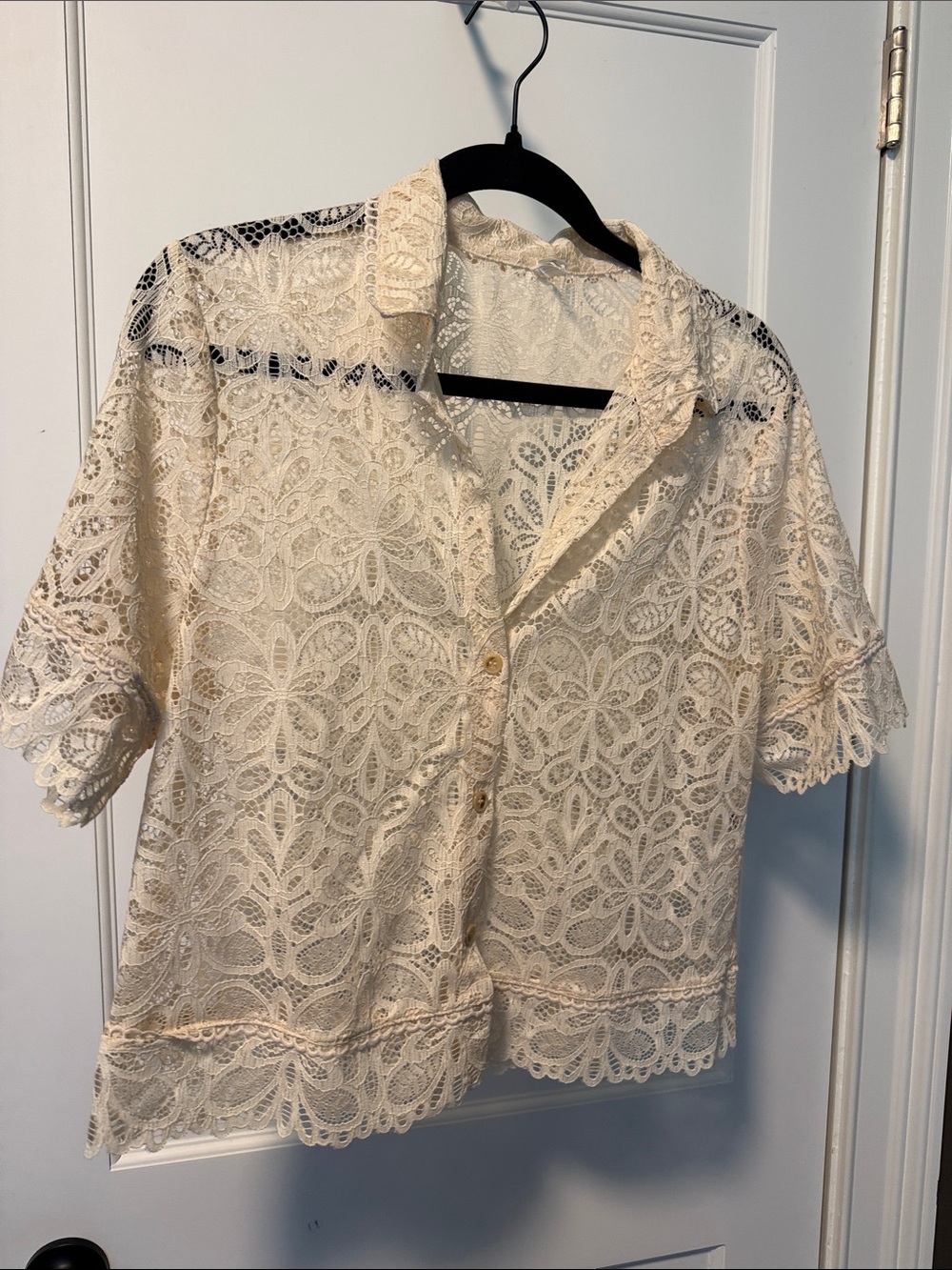 Calezdonia- Lace Button-Front Short Sleeve Top - Cream